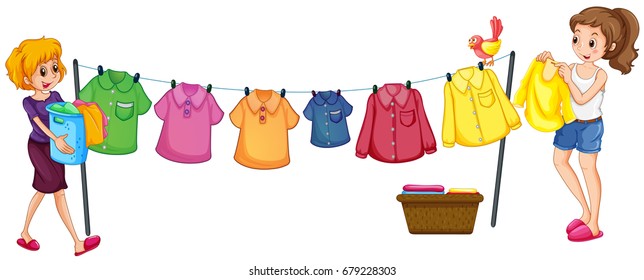 Two women doing laundry illustration