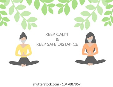 Two women doing yoga and keeping social distance. White background with green leaves, natural design. Social distancing in yoga studio concept due to coronavirus global pandemic.