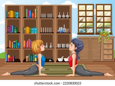 Two women doing yoga together illustration
