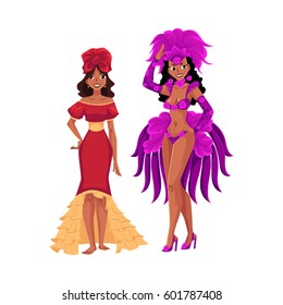 Two women dressed for Brazilian carnival in Rio de Janeiro, samba dancers in feather suit and ruffled dress, cartoon vector illustration isolated on white background. 