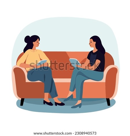 Two women dressed casually sitting on a sofa and having conversation. Vector illustration in cartoon style