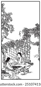 Two women dressed in traditional attire converse under a pergola covered in vines, beside a stone table and benches, surrounded by lush foliage and a serene, natural landscape.