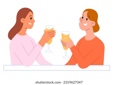 Dos mujeres beben champán, sostienen vasos con vino espumoso, las amigas pasan tiempo juntas, celebran, beben alcohol y hablan en la mesa, animan con flautas de champán, ilustran el vector