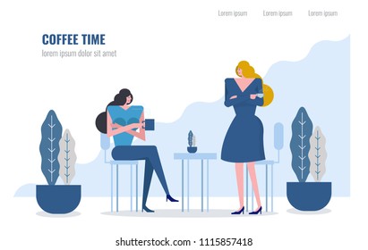 Two women drinking coffee and chatting in cafe. flat design elements. vector illustration