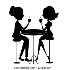 Two women drinking coffee.Vector black silhouette on white background