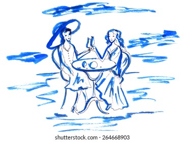 Two women drinking wine outdoors. Watercolor hand painted illustration. Monochromatic picture on paper.