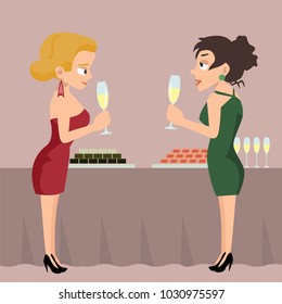 two women with drinks at reception talking - funny vector cartoon illustration