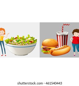Two women eat different types of food illustration