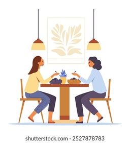 Two women eating together dining table modern interior plants hanging lights