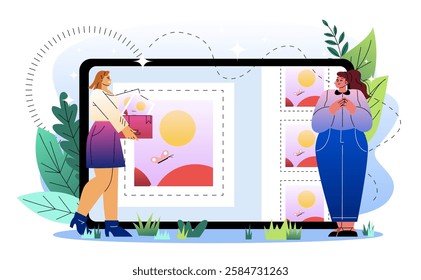 Two women editing digital images on a large screen, surrounded by abstract plants. Creative content design concept on a white background