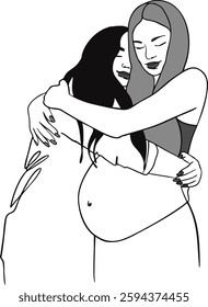 Two women embracing, one of them pregnant. Minimalist black and white vector line art . Love, friendship, support, and motherhood. Perfect for family, maternity, sisterhood, LGBT