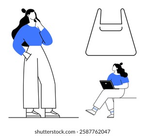 Two women engaged in different activities one stands thoughtfully holding a phone while another sits with a laptop. An outline of a shopping bag is present. Ideal for e-commerce, remote work