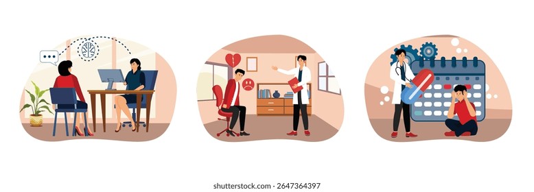 Two women engaged. Symbolic brain graphic indicates intellectual exchange.  A mental health professional counseling a sad patient. Doctor presenting a pill to a sitting patient in front of a calendar