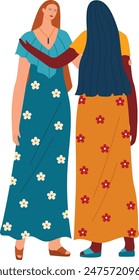 Two women engaging conversation, floral dresses, modern casual fashion. Female characters talk, warm interaction, stylish outfits, isolated white background. Animated adult females discuss, flat