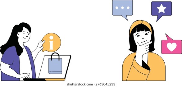 Two women engaging in a customer service interaction with feedback and information sharing on digital devices