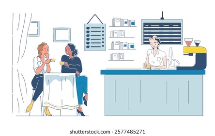 Two women enjoy coffee at a cafe while a barista prepares drinks behind the counter. Cozy atmosphere with books and decor. Concept of socializing. Vector illustration