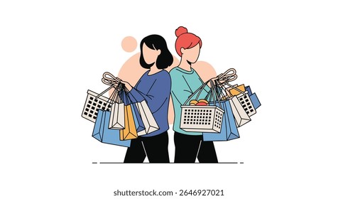 Duas mulheres gostam de fazer compras juntas carregando muitas sacolas e cestas de mercadorias para uma experiência de varejo divertida