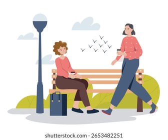 Two women are enjoying coffee in a park setting, one sitting on a bench and one walking, surrounded by greenery, birds, and a street lamp. Vector illustration