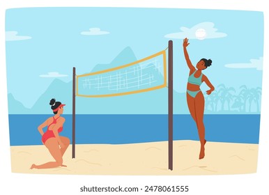 Dos Mujeres Disfrutando De Un Juego De Voleibol Playa En Un Día Soleado Junto Al Mar. Uno Se Está Preparando Para Devolver La Pelota Mientras El Otro Salta A Golpearla. Escena de Vector de dibujos animados rebosa diversión, fitness, actividad al aire libre