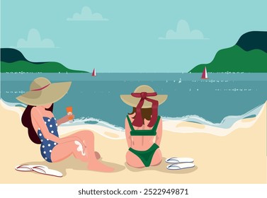 duas mulheres desfrutando de um dia de verão na praia, pessoas observando o mar. ilustração vetorial.