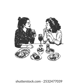 Two Women Enjoying Wine. Black and white line art of two women sharing a casual conversation over wine. Perfect for depicting friendship, socializing moments in minimalist, hand-drawn style.