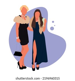 Two women in evening dresses. An evening out. Vector illustration. Poster, flyer, banner, postcard.