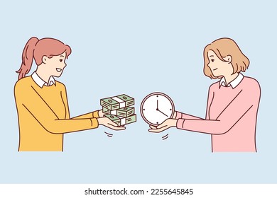 Two women exchange wads of money and watches, symbolizing purchase of free time or employment with hourly pay. Girl sells time in exchange for financial reward. Flat vector illustration 