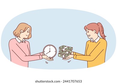 Two women exchange wads of money and watches, symbolizing purchase of free time or employment with hourly pay. Girl sells time in exchange for financial reward. Flat vector illustration