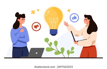 Dos mujeres que intercambian el Comentarios con los pulgares arriba y abajo iconos, ordenador portátil, y bombilla Grande que simboliza ideas en un fondo blanco aislado para el trabajo en equipo y la Ilustración vectorial de la comunicación