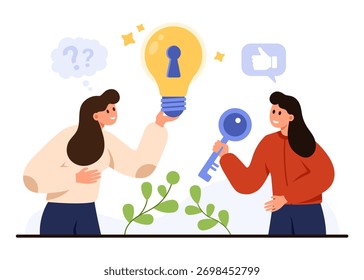 Dos mujeres que intercambian una llave y una bombilla con el ojo de la cerradura, representando la búsqueda de soluciones, el potencial de desbloqueo, y los conceptos de la terapia, aislados en la Ilustración vectorial del fondo blanco