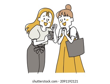 Two women excited while looking at their smartphones People celebrating victory and success Loose hand-drawn illustrations
