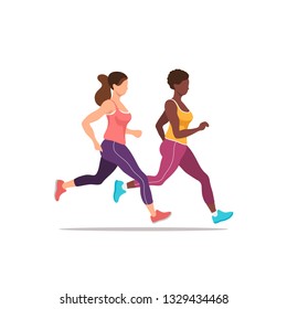 Two women exercising by jogging. Health and fitness. Vector illustration.