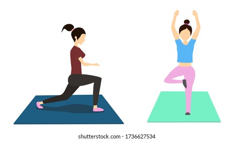 Two women are exercising by stretching their arms and legs together on a mat in a yoga posture.  Is a physical health care to relax the mind.