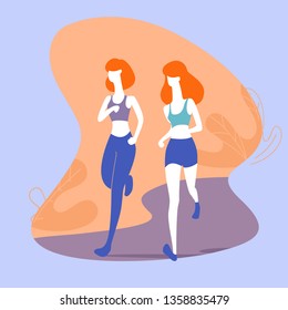 Two women are exercising for good health by running in public. Put on a running suit.flat design style vector graphic illustration.