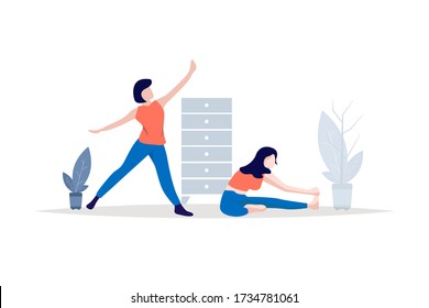 Two women are exercising at home. Healthy stay at home. Vector illustration.