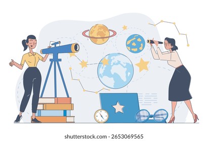 Two women exploring astronomy using telescopes, surrounded by planets, stars, and constellations, on a light background. Concept of space observation. Vector illustration