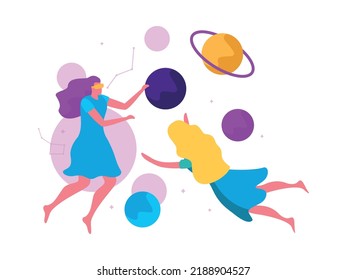 Two women exploring space in virtual reality glasses flat vector illustration