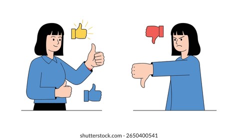 Two women express different opinions with thumbs up and thumbs down gestures and icons
