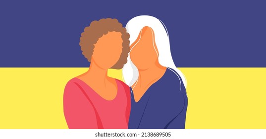 Zwei Frauen drücken die Einheit der Welt gegen den Krieg in der Ukraine aus. Unterstützung für die Ukraine. Kein Krieg. Rette die Ukraine vor Russland.