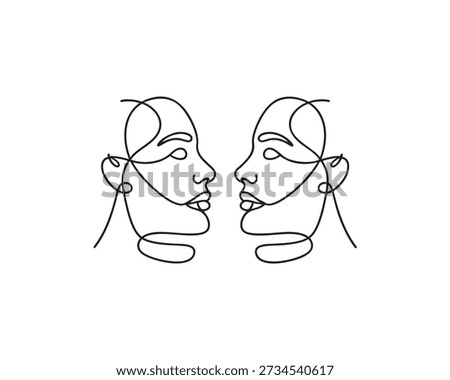 Two women face each other in a minimalist line art illustration symbolizing conversation and connection between females in a simple and modern design.