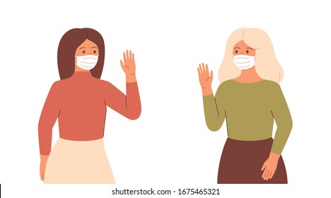 Two women in face masks maintain a social distance by greeting each other. Young woman and mature woman use protective measures against viral infectious disease.Coronavirus epidemic concept