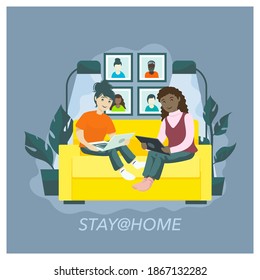 two women, family. Stay at home. Covid-19 quarantine illustration