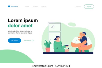 Two women feeding child vector illustration. Female character holding little boy, young girl giving him food. Everyone smiling. Child care concept for banner, website design or landing web page