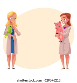 Two women, female veterinarians, vets in medical coats holding parrot and pig, cartoon vector illustration with space for text. Female vets, veterinarian doctors, birds and farm animals