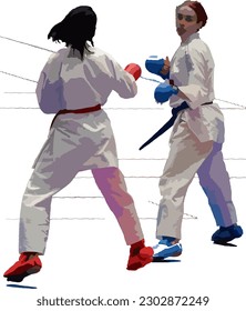 Two women fighter are starting to compete in arena during for karate match