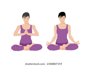 Two women figures in two yoga relaxation meditation poses dressed in purple dress, anjali dhyna mudra