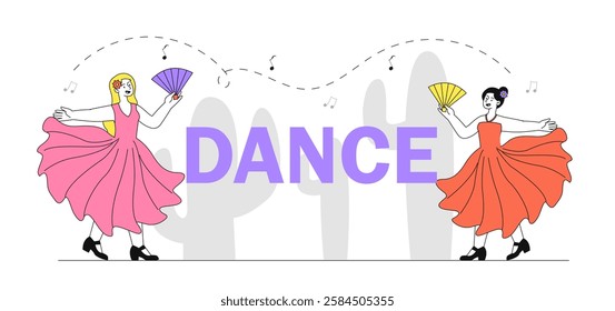 Two women in flowing dresses joyfully dance with fans, surrounded by musical notes and large text DANCE on a white background. Concept of flamenco