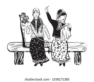 Two women in folk costumes are engaged in ancient needlework on a bench. Linear black and white drawing. Isolated image on a white background. Vector graphics.