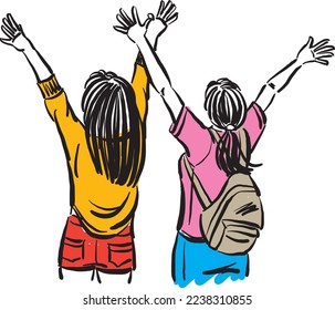 Two women freedom liberty peace nature admiration happiness concept vector illustration