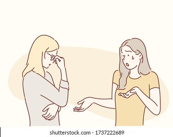 Two women friends arguing. Hand drawn style vector design illustrations.